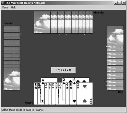 Each player moving clockwise around the window plays a card of the same suit by clicking it. The one who plays the highest card of the suit in play wins the trick.