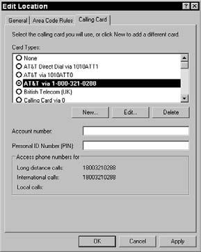 Chapter 19: Working Remotely Set Up a Calling Card 1. Choose Start Control Panel, click the Printers and Other Hardware link, and then click the Phone and Modem Options link. 2.