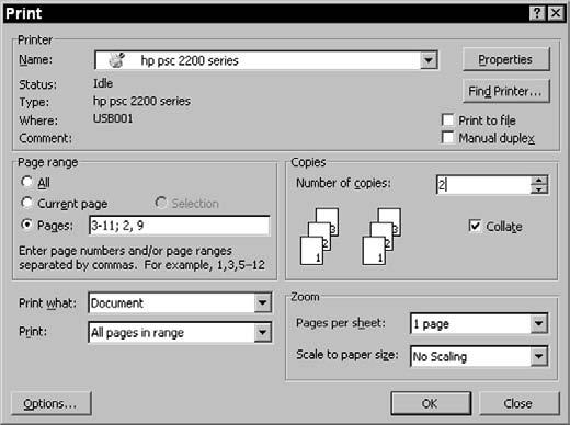 Print Documents Print Documents 1. Choose File Print. 2. In the Print dialog box, shown in Figure 20-2, be sure that the printer you want to print to is displayed in the Printer area.