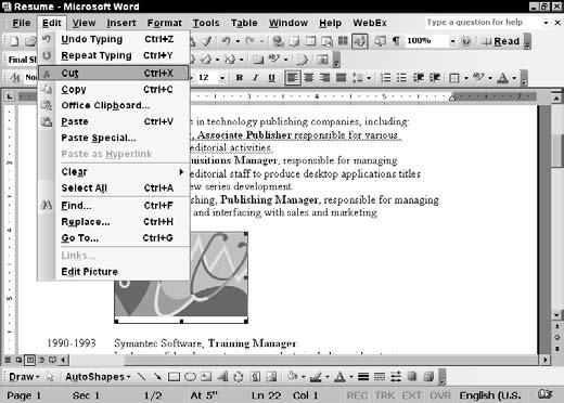 Chapter 20: Working with Windows-Based Applications Cut, Copy, and Paste 1. Click and drag across the text that you want to work with, or click an object to select it, as in Figure 20-6. 2. Choose Edit Cut (see Figure 20-7) to remove the selected item from its present location and place it elsewhere, or choose Edit Copy to make a copy of the item to place elsewhere.