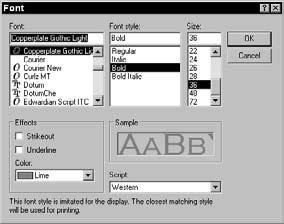 In the resulting Font dialog box, shown in Figure 22-5, change the Font setting to Copperplate Gothic Light, change the Size setting to 36 points, and apply the Bold effect. 5.