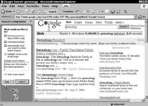Chapter 23: Project: Research Your Past Search the Internet 1. Double-click the Internet Explorer icon on your desktop to open IE. 2. Click the Search button on the Standard toolbar. 3.