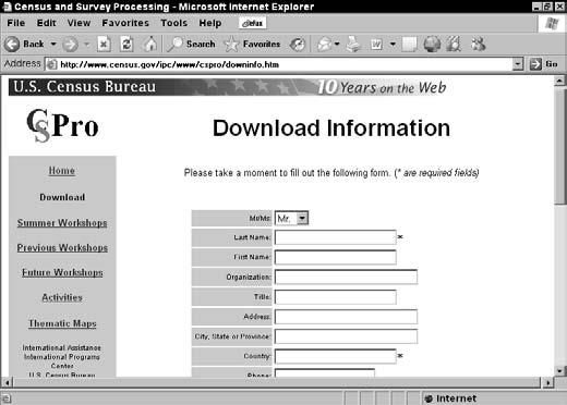 Chapter 23: Project: Research Your Past Download a File 1. Enter www.census.gov into your Address Bar and click Go. 2. On the Census Bureau Web site that appears (see Figure 23-5), click the Access Tools link.