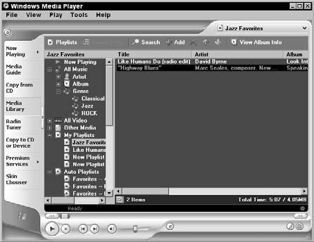 Chapter 27: Project: Get Musical Create a Cool Playlist 1. Choose Start All Programs Accessories Entertainment Windows Media Player. 2. In the resulting window, click the Media Library button, and then click the Playlists button and select the New Playlist option from the menu that appears.