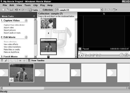 (Note: If the Storyboard is already displayed, that button will say Show Storyboard.) 2. In the Collection pane, click a movie clip and drag it to a box on the Storyboard, as shown in Figure 28-3.