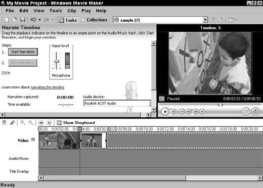 Chapter 28: Project: Movie Madness Record a Narration 1. With your project open in Windows Movie Maker, click the Show Timeline button to display the Timeline view. 2. Choose Tools Narrate Timeline.