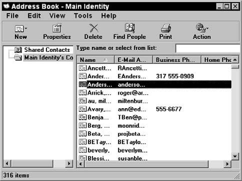 In the Address Book window shown in Figure 3-12, click the New button, and select New Contact from the drop-down list that appears. 3. In the Properties dialog box shown in Figure 3-13, enter information in various fields, clicking on other various tabs to add more details.
