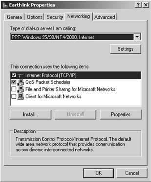 In the resulting Earthlink Properties dialog box (the name of the dialog box is the name of your Internet service provider), display the Networking tab (see Figure 4-7). 5.