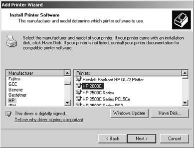 If you don t have the manufacturer s disc, click the Windows Update button to see a list of printer drivers that you can download from Microsoft s Web site. Click Next. 7.