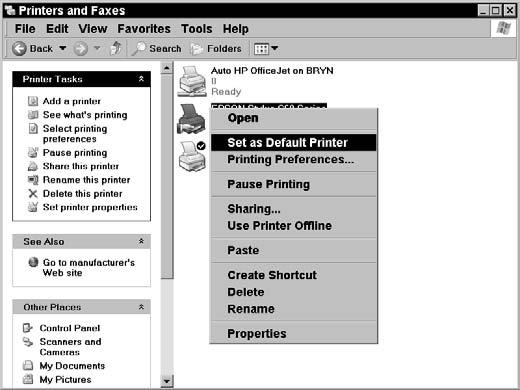 Chapter 7: Setting Up New Hardware Set a Default Printer 1. Choose Start Control Panel Printers and Faxes View Installed Printers or Fax Printers. 2.