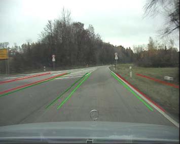 The tracking of the lanes is the basis for the analysis of the road markings. The tracker shows convincing results, since in all frames the lane of the vehicle is correctly tracked (see figure ).