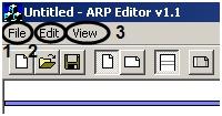 The ArpEdit utility system menu provides access to the following functions: File operations: creating, opening, saving, printing ( 1). 3. Text editing features ( 2).