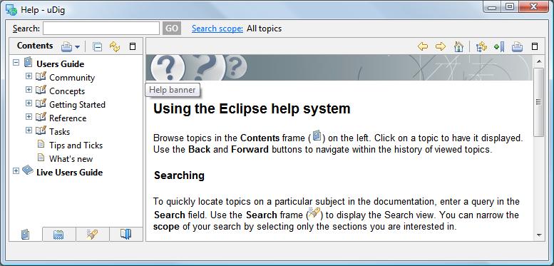 This will bring up the online help system; the help system is a web application that makes use of a Contents view to allow you to navigate between Pages.