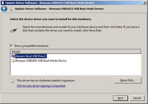 If Generic Boot USB Direct is not displayed, use the RFP installer to re-install the USB