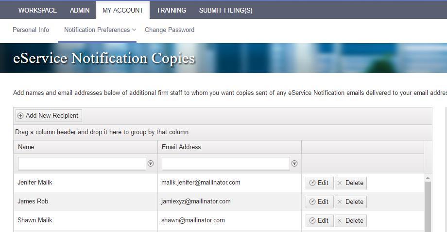 2. Notification Preferences efiling Manager automatically sends a number of efiling and eservice status emails to you.