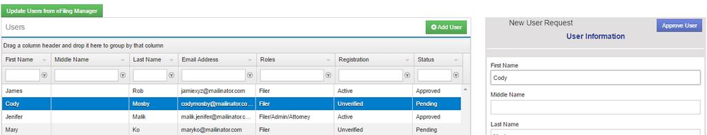 C B A Figure 4-4, Approve New Registrant Login to FileTime and go to Admin > Firm Users. Click the name of the registrant, the Status will display as Pending (Figure 4-4, A), to highlight it.