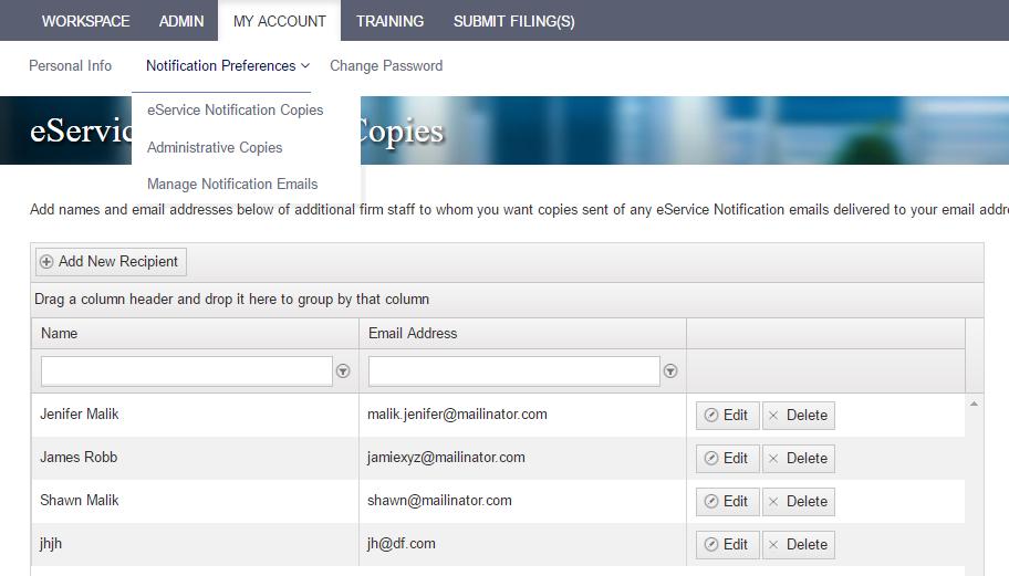 Let FileTime guide you in adding the new recipient. A B C Figure 7-4, eservice Notification Options D.