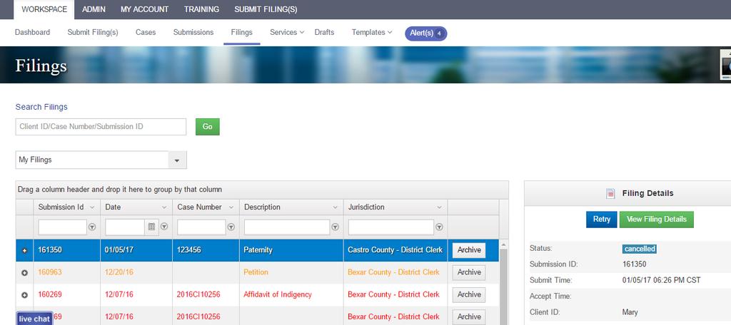 Figure 2-5, Filings Page Above the grid there are options to filter by jurisdiction and/or by date range.