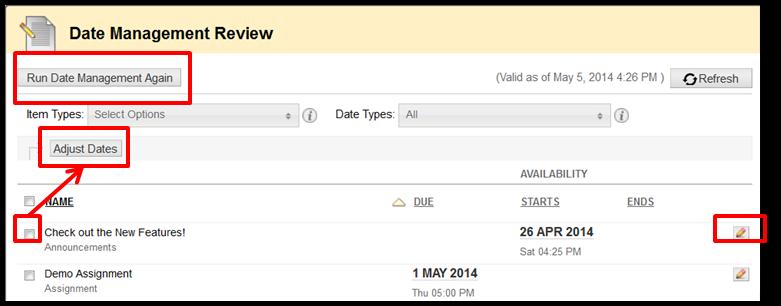 When date management is complete, you will see Date Management Review, where you can verify the new dates for all course items.