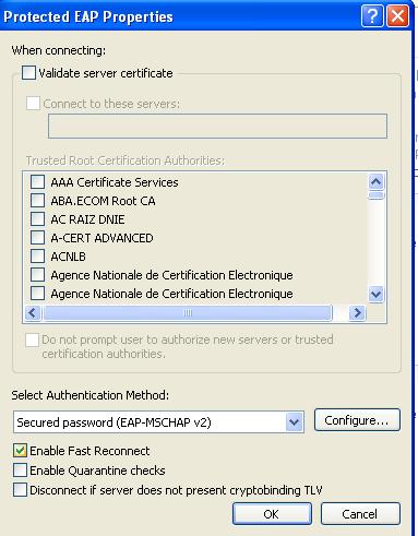At Select Authentication Method, select Secured Password (EAP-MSCHAPv2) from the drop-down window.
