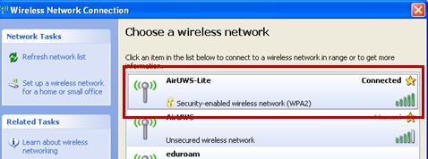 available networks will show that you are connected to AirUWS-Lite.