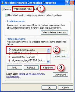 Select the Wireless Networks tab. Select AirUWS-Lite and press Properties.