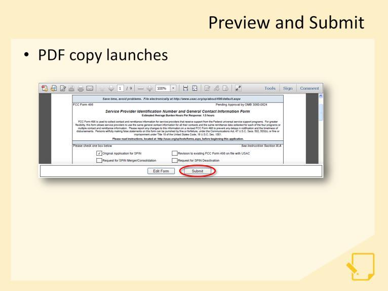 Clicking on the Click here to Preview and Submit the form button launches a copy of the form in PDF format.