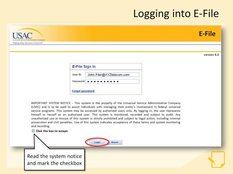 To access the FCC Form 498, we go to www.usac.org and click on the E-FILE link to access the login screen.