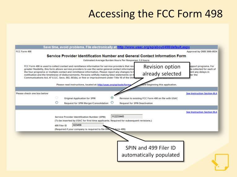 Clicking on the SPIN launches a new browser window that contains the FCC Form 498.