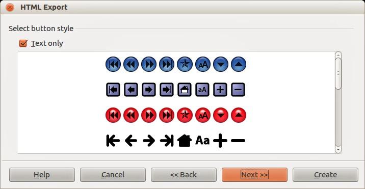 8) Select button style to be used for the web pages from the designs available (Figure 15) and then click Next>>. If you do not select a button style, LibreOffice will create a text navigator.