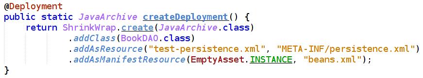 Create The Deployable Archive Each test class shall contain a method annotated @org.jboss.arquillian.container.test.api.deployment, which can produce a deployable archive. Use the static method org.