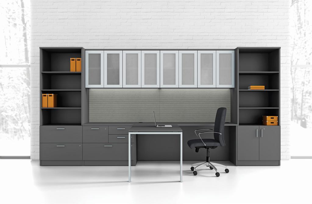Modern series Laminate - Charcoal (CL) Tackboard - Maharam Crush Alloy (COM) Pull Handles - P6 # MO725 number of workstations 1 Rectangular Top MO4830-CB-TP 48w x 30d x 1h Multi-functional Cabinet