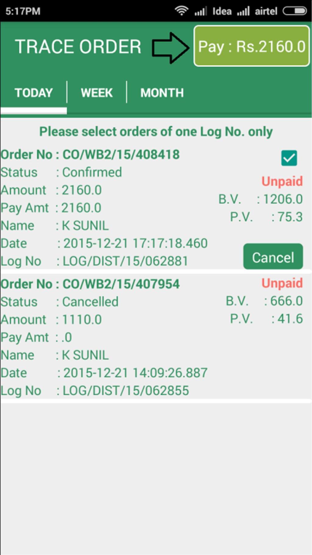 This will automatically select all orders from the log of the selected order.