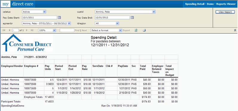 Spending Detail Report The Spending Detail Report (Figure 15) details the Individual receiving service s spending between the dates selected for the report range.