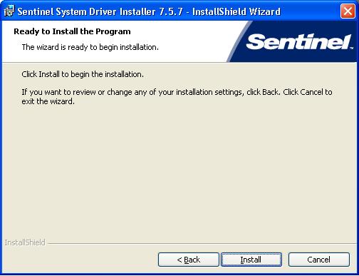 16. Click Install to start the Sentinel Driver installation. 17.