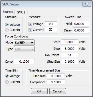 5. Configure Source Units. In this example we are creating a sweep source, so we must configure the source unit properly. To setup a sweep source: a. Select the stimulus type. b.