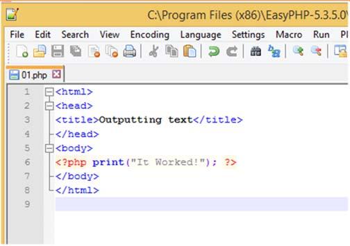 Testing variables with PHP <html> <head> <title>outputting text</title> </head> <body> <?php print("it Worked!