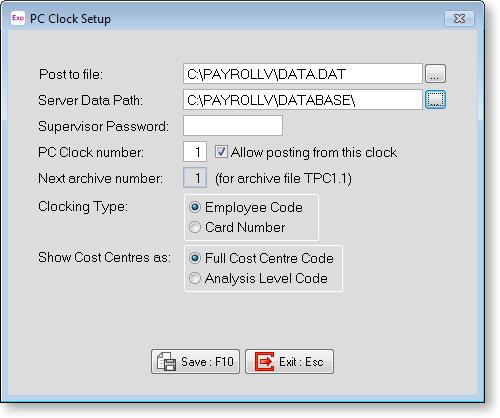 Setup MYOB EXO PC Clock This is where setup information is entered - such as the posting and data paths, supervisor password, clock number, etc.