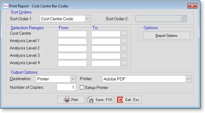 Cost Centre/Employee Barcode Printing MYOB EXO PC Clock This report screen functions largely the same as the Old Barcode interface, but it has more options for filtering and sorting Cost