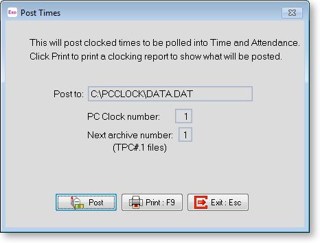 Post Times to Exo Time and Attendance MYOB EXO PC Clock Once the times have been reviewed you are then able to post them to MYOB Exo Time and Attendance.