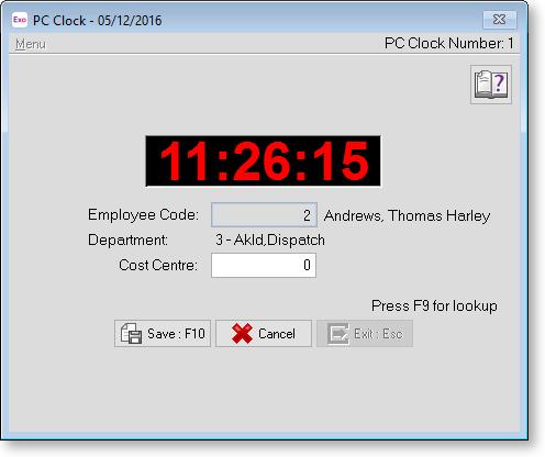 Using Exo PC Clock MYOB EXO PC Clock The main screen of Exo PC Clock is much like that of a normal timeclock - it shows the current time and date, and allows employees to clock in or out.