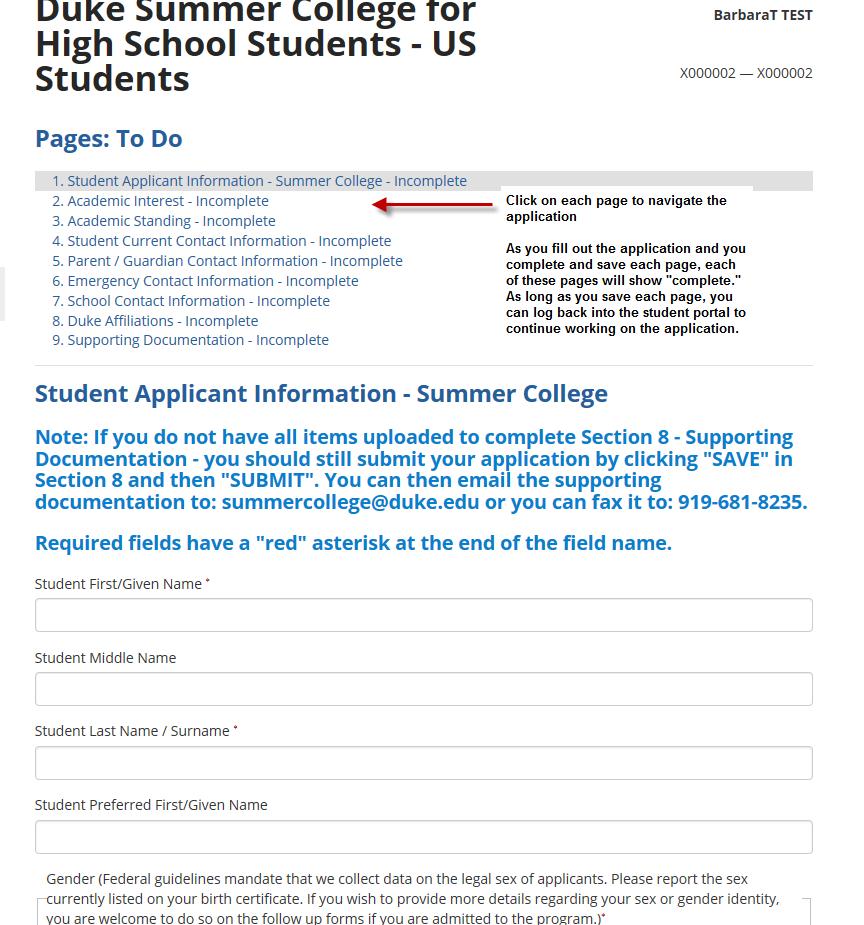 9 9 This is a screenshot of the Summer College application. At the top, each page is listed so that you can navigate through the pages.