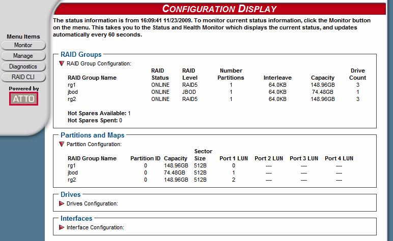 Configuration Display page Clicking on Details from the Health and Status Monitor page gives you added information about various aspects of the FastStream and attached storage.
