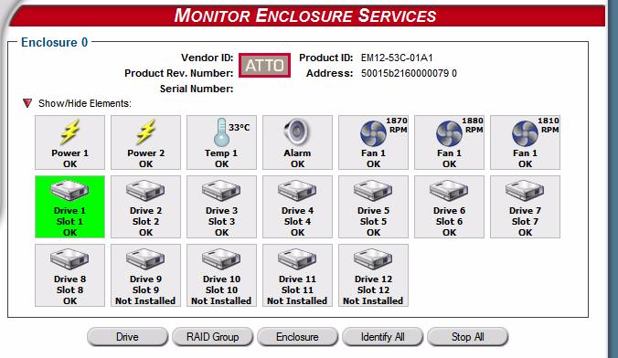 Note The user can also identify a Drive, RAID Group or Enclosure from the Monitor Enclosure Services Page Use the Health and Status Monitor 1 If you are not already in the ExpressNAV Storage Manager,