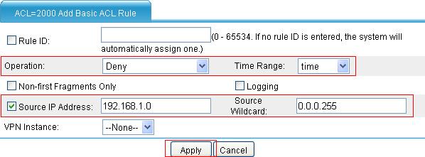 Figure 13 Configure an ACL rule to deny access of other hosts to Device on Saturday and Sunday Select Deny as the operation. Select time as the time range.