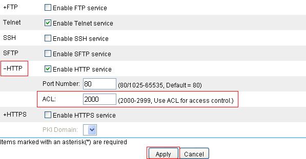 Figure 15 Associate HTTP service with ACL 2000 Click the + sign before HTTP to expand the configuration area. Type 2000 in the ACL text box. Click Apply.