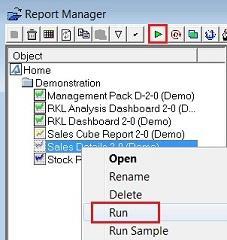 Running a Report from the Report Manager 1. Select the report you want to run. For this example, choose Sales Master under Sales in the Demonstration folder. 2.