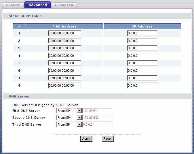Chapter 9 DHCP 9.3 DHCP Server Advanced Screen This screen allows you to assign IP addresses on the LAN to specific individual computers based on their MAC addresses.