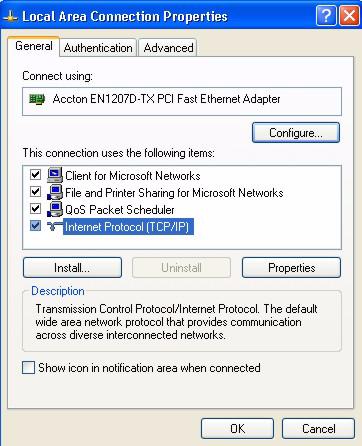Figure 140 Windows XP: Local Area Connection Properties 5 The Internet Protocol TCP/IP Properties window opens (the General tab in Windows XP).