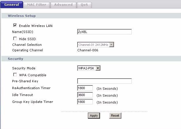 Chapter 5 Wireless LAN 5.5.3 WPA-PSK/WPA2-PSK Click Network > Wireless LAN to display the General screen. Select WPA-PSK or WPA2- PSK from the Security Mode list.